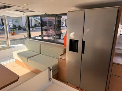 Salon of Silver Dolphin, a Bali 4.8 catamaran at Olbia, Italy