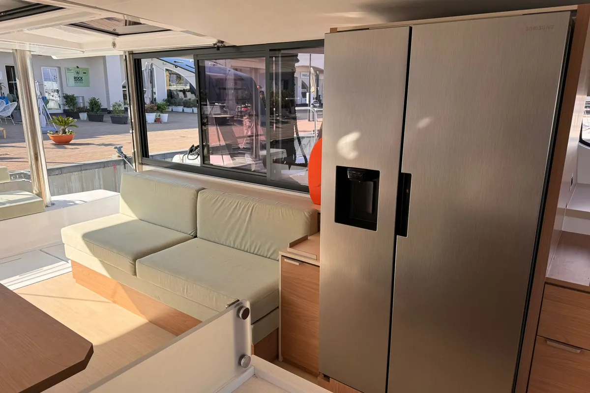 Salon of Silver Dolphin, a Bali 4.8 catamaran at Olbia, Italy