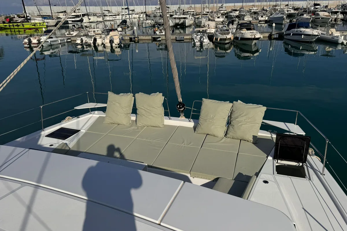 Deck of Silver Dolphin, a Bali 4.8 catamaran at Olbia, Italy