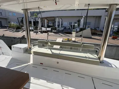 Deck of Silver Dolphin, a Bali 4.8 catamaran at Olbia, Italy