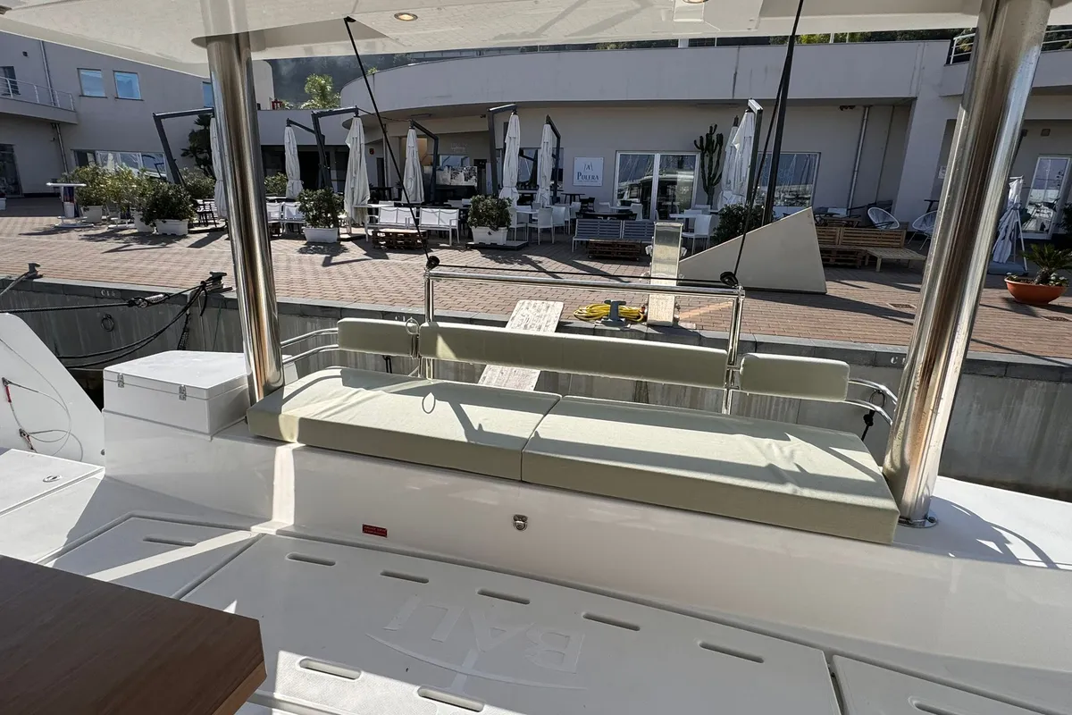 Deck of Silver Dolphin, a Bali 4.8 catamaran at Olbia, Italy
