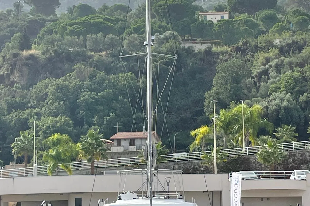 Exterior view of Silver Dolphin, a Bali 4.8 catamaran at Olbia, Italy
