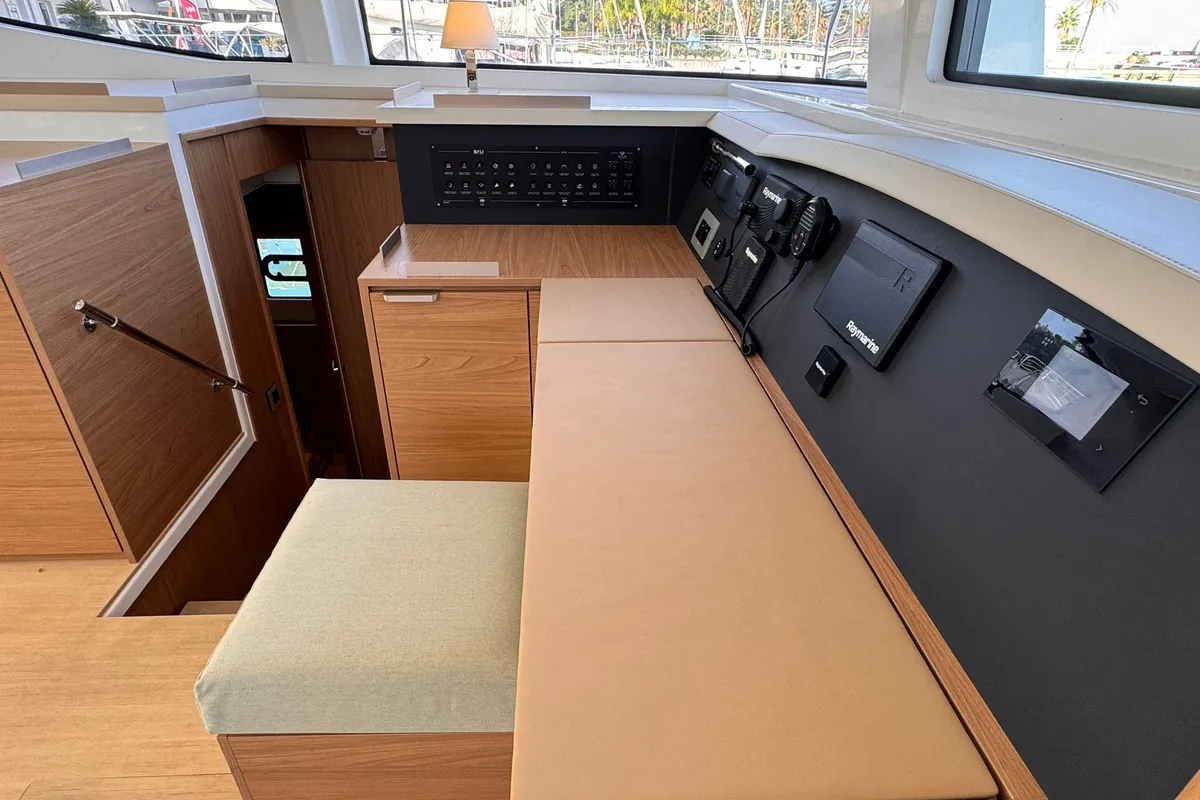 Cockpit of Silver Dolphin, a Bali 4.8 catamaran at Olbia, Italy