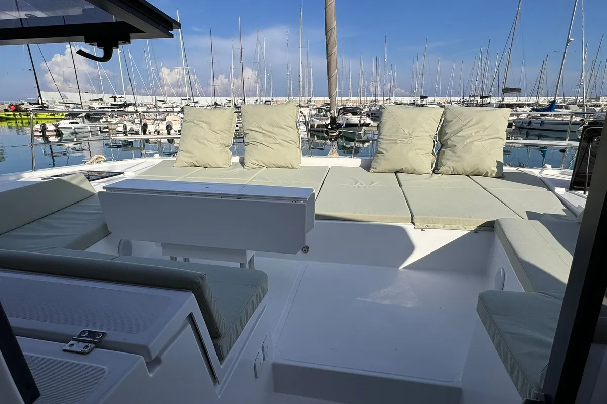 Deck of Silver Dolphin, a Bali 4.8 catamaran at Olbia, Italy