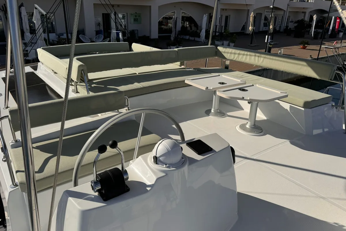 Cockpit of Silver Dolphin, a Bali 4.8 catamaran at Olbia, Italy