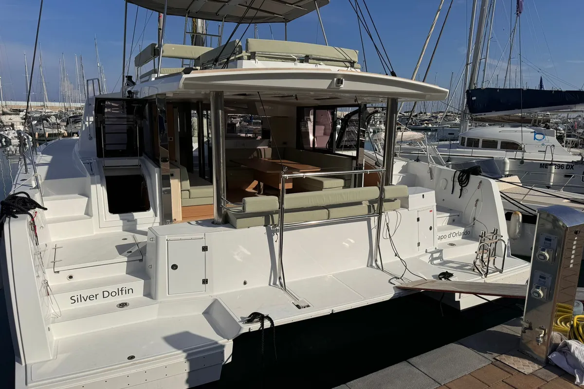 Exterior view of Silver Dolphin, a Bali 4.8 catamaran at Olbia, Italy