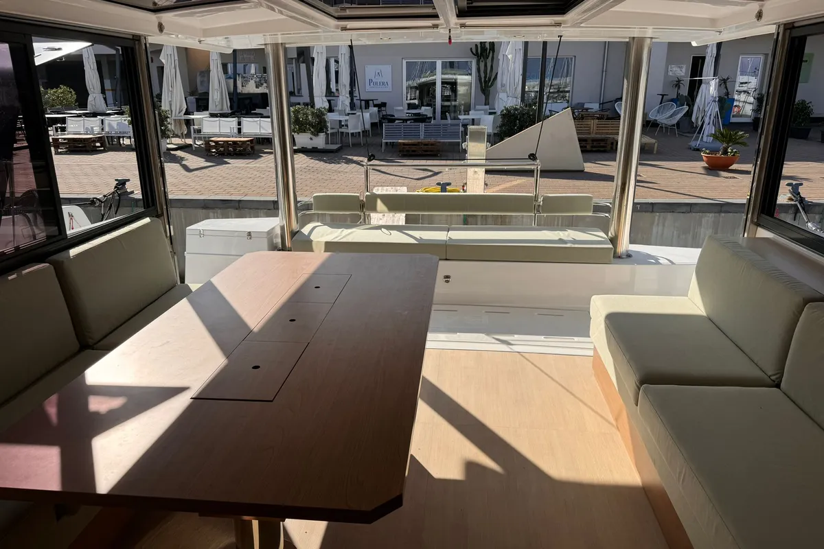 Deck of Silver Dolphin, a Bali 4.8 catamaran at Olbia, Italy