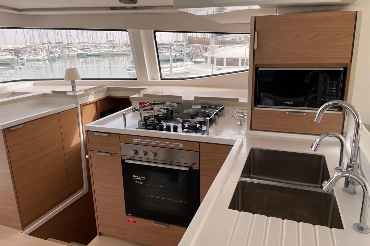 Galley of Silver Dolphin, a Bali 4.8 catamaran at Olbia, Italy