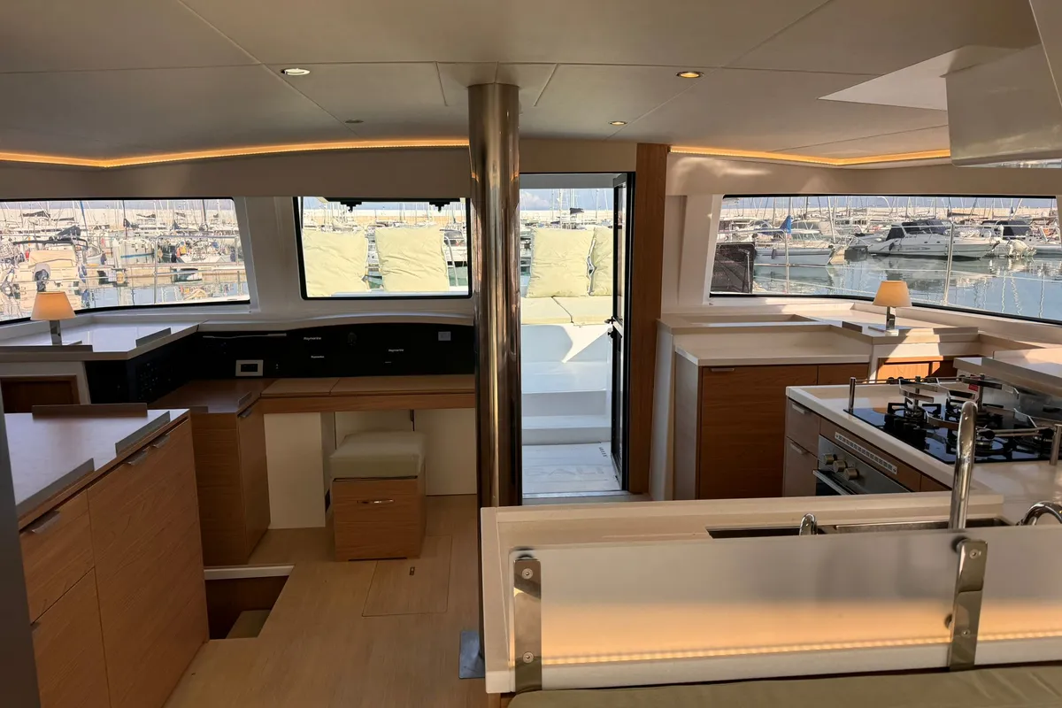 Salon of Silver Dolphin, a Bali 4.8 catamaran at Olbia, Italy