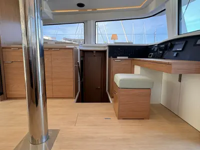 Cockpit of Silver Dolphin, a Bali 4.8 catamaran at Olbia, Italy