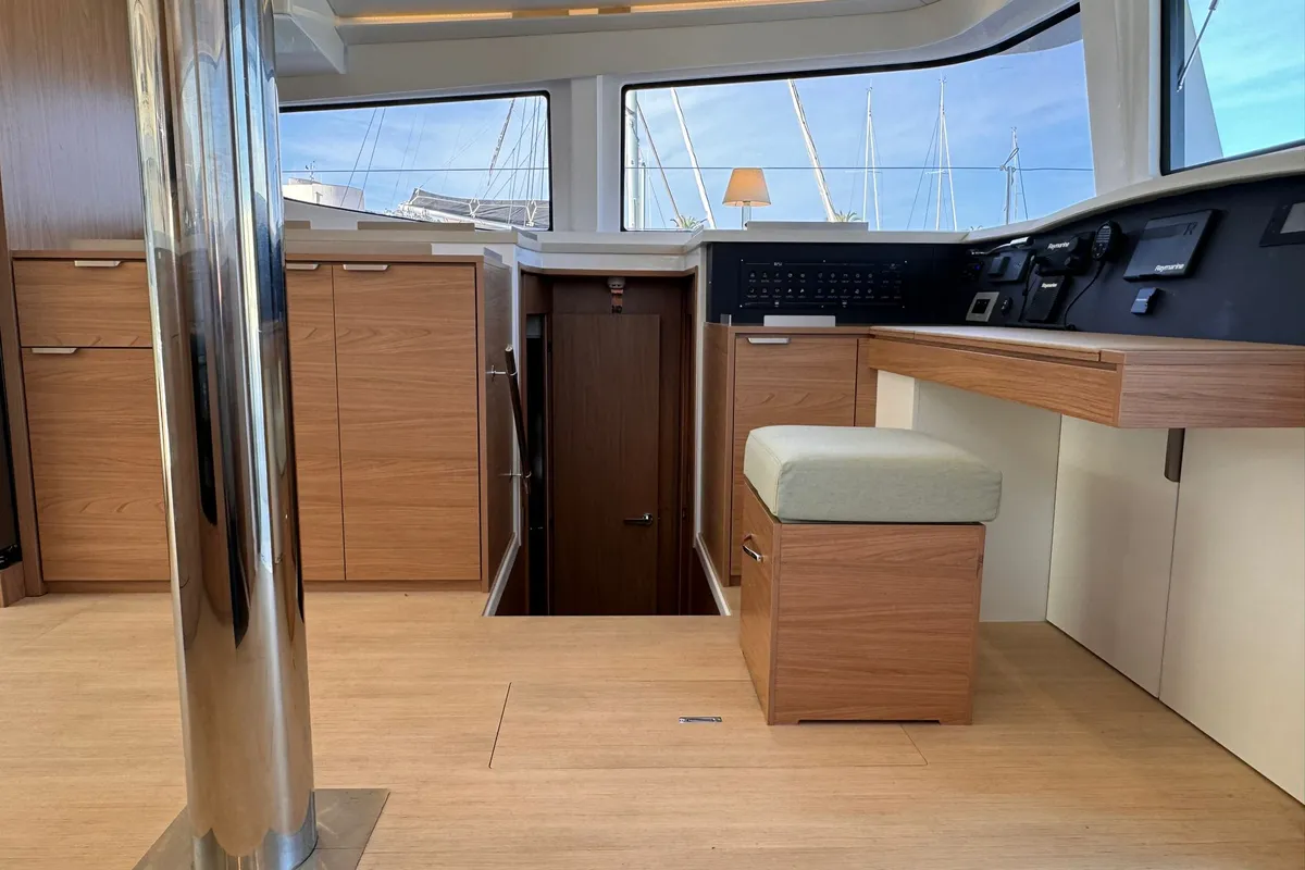 Cockpit of Silver Dolphin, a Bali 4.8 catamaran at Olbia, Italy