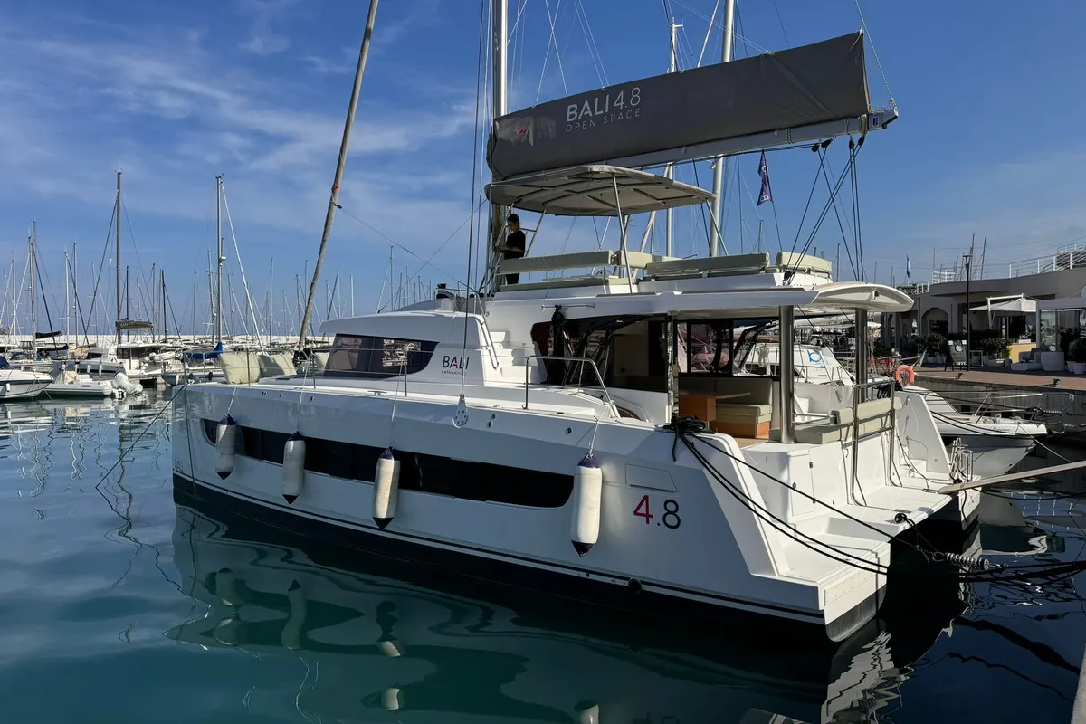 Exterior view of Silver Dolphin, a Bali 4.8 catamaran at Olbia, Italy