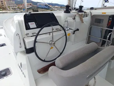 Cockpit of Zahira, a Lagoon 42 catamaran at Lefkada, Greece