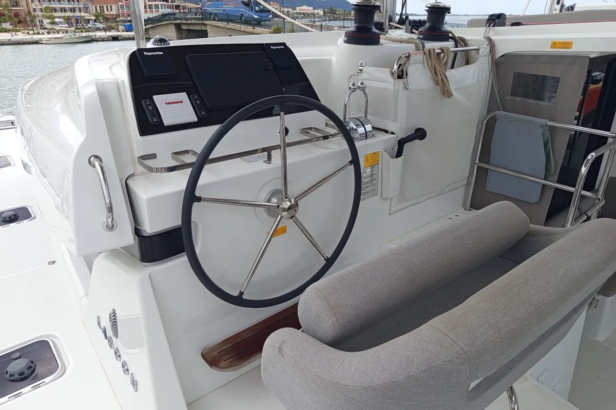 Cockpit of Zahira, a Lagoon 42 catamaran at Lefkada, Greece