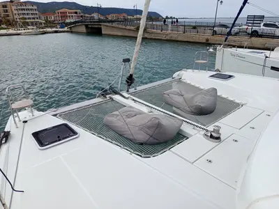 Deck of Zahira, a Lagoon 42 catamaran at Lefkada, Greece