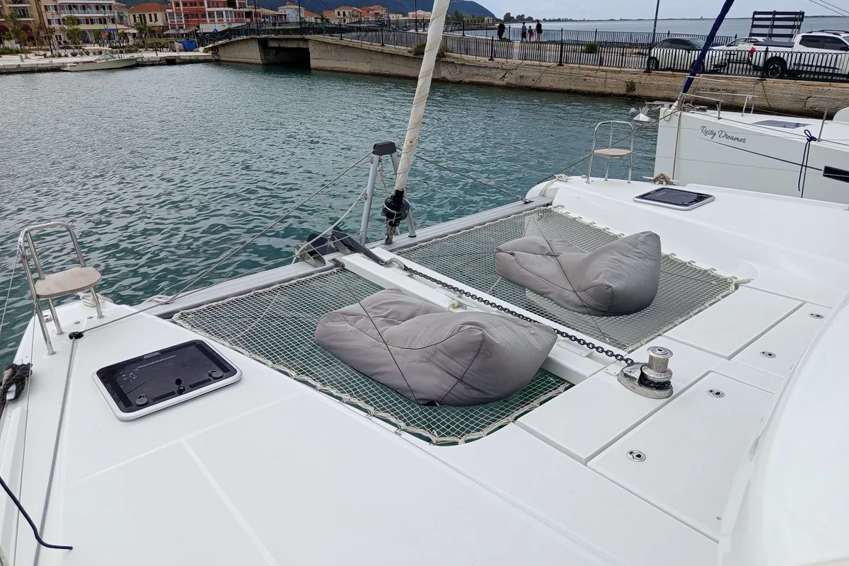 Deck of Zahira, a Lagoon 42 catamaran at Lefkada, Greece