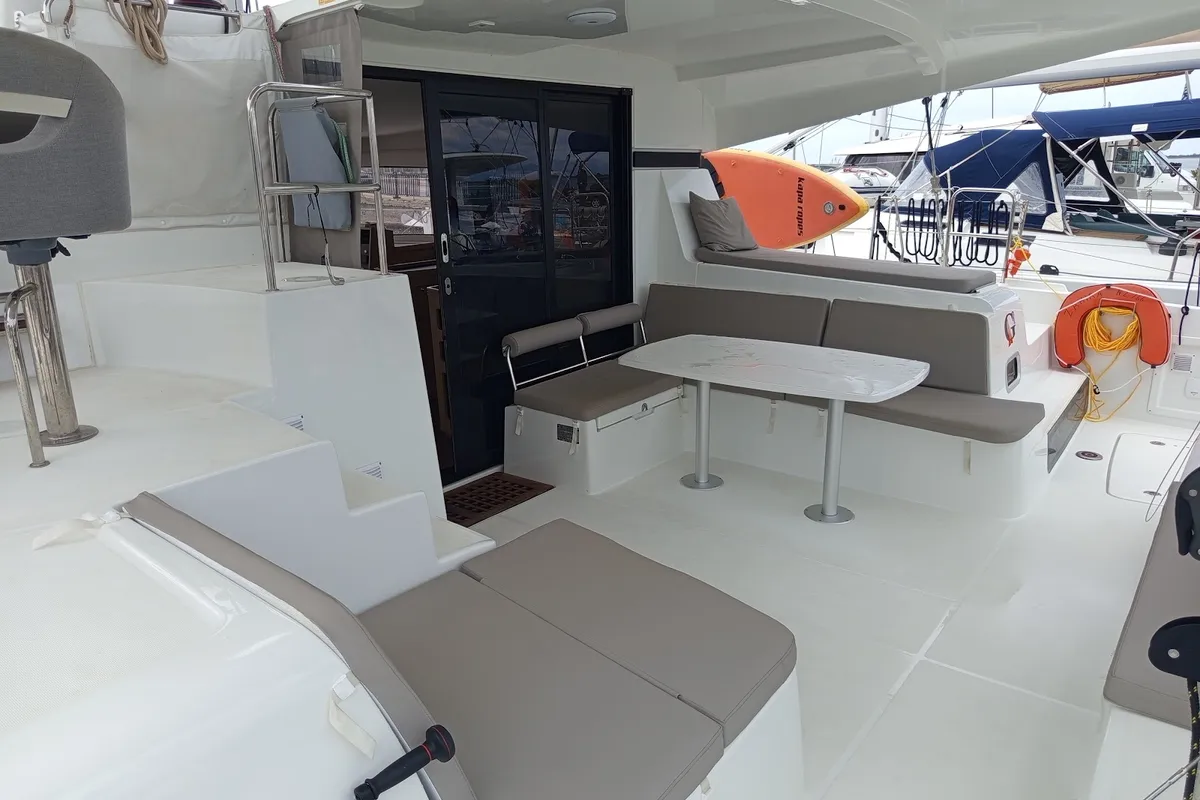 Deck of Zahira, a Lagoon 42 catamaran at Lefkada, Greece