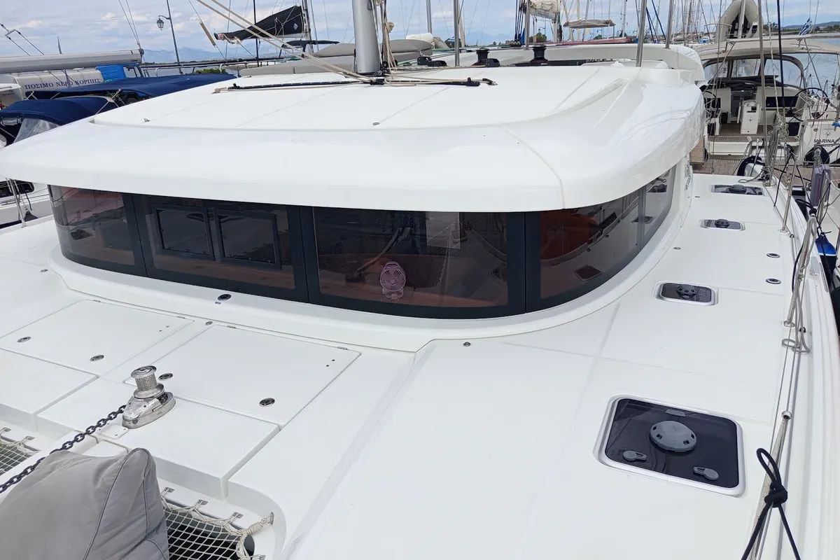 Deck of Zahira, a Lagoon 42 catamaran at Lefkada, Greece