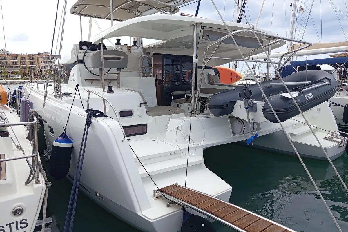 Exterior view of Zahira, a Lagoon 42 catamaran at Lefkada, Greece