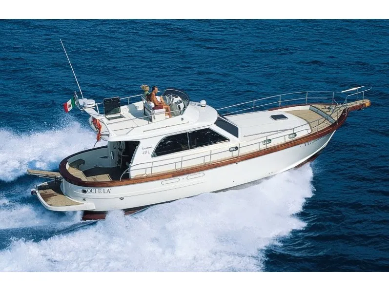 Exterior view of Perla di mare, a Sciallino 40 motorboat at Cagliari, Italy