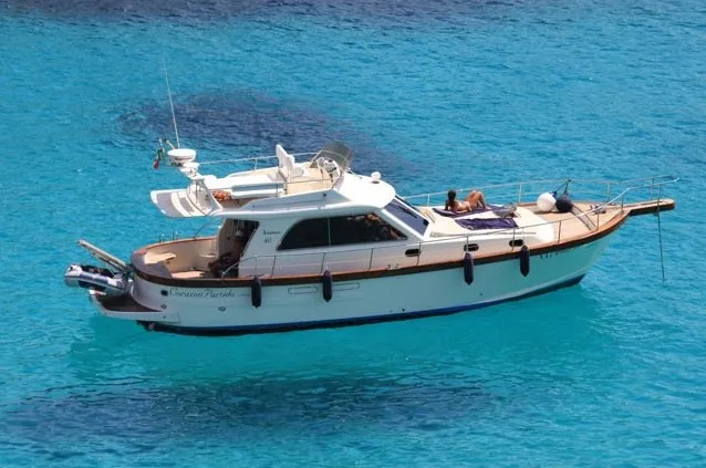 Exterior view of Perla di mare, a Sciallino 40 motorboat at Cagliari, Italy