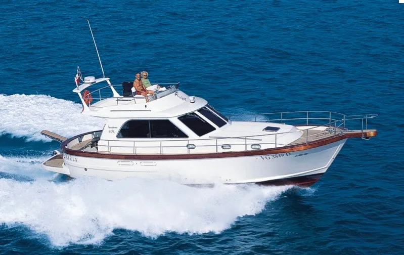 Exterior view of Perla di mare, a Sciallino 40 motorboat at Cagliari, Italy