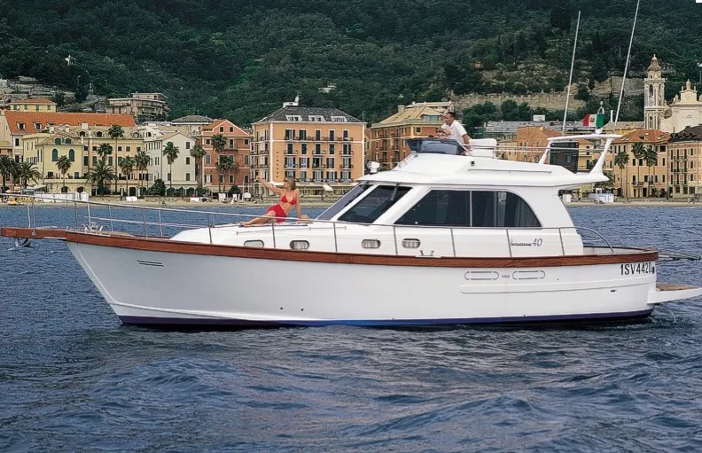 Exterior view of Perla di mare, a Sciallino 40 motorboat at Cagliari, Italy