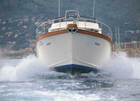 Exterior view of Perla di mare, a Sciallino 40 motorboat at Cagliari, Italy