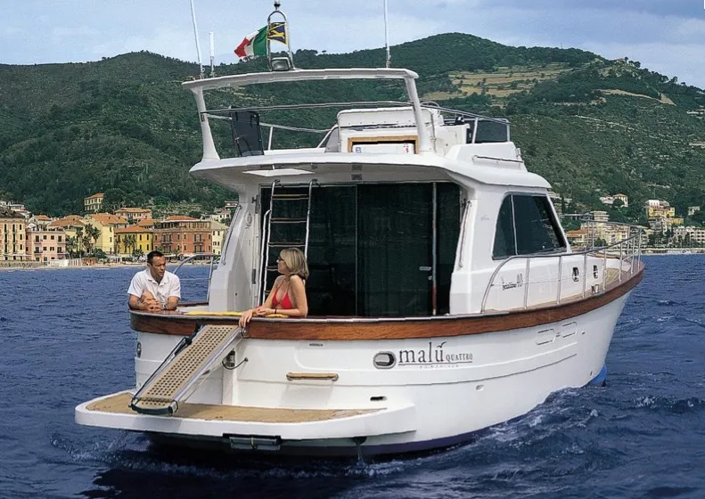 Exterior view of Perla di mare, a Sciallino 40 motorboat at Cagliari, Italy
