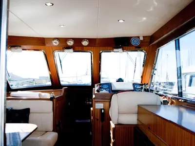 Cockpit of Perla di mare, a Sciallino 40 motorboat at Cagliari, Italy