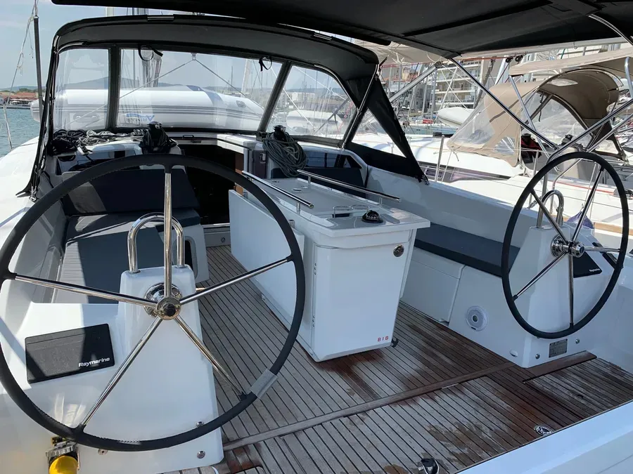 Cockpit of Avra, a Beneteau Oceanis 40.1 sailboat at Volos, Greece