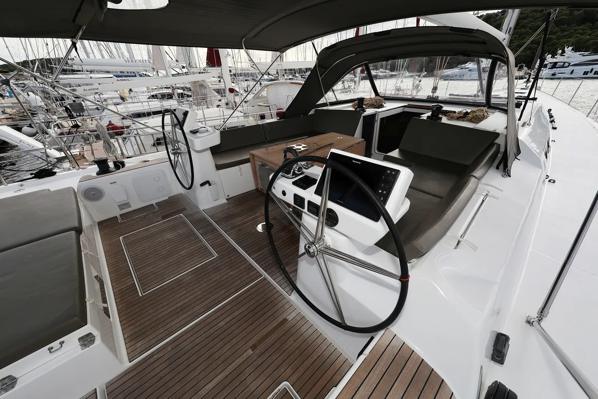 Cockpit of Moonlight, a Dufour 56 Exclusive sailboat at Trogir, Croatia