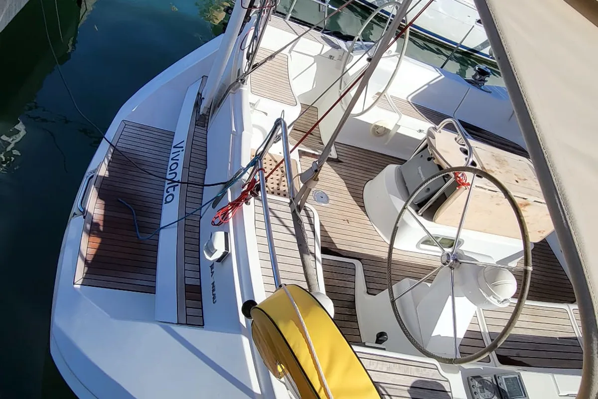 Cockpit of Vivanita, a Jeanneau Sun Odyssey 49 sailboat at Grimaud, France