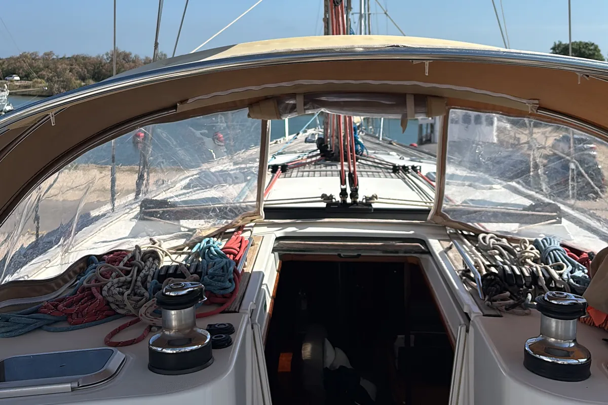 Cockpit of Vivanita, a Jeanneau Sun Odyssey 49 sailboat at Grimaud, France
