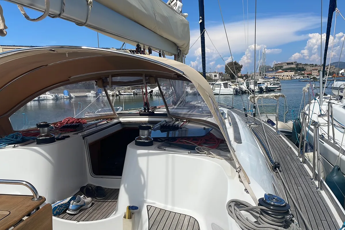 Cockpit of Vivanita, a Jeanneau Sun Odyssey 49 sailboat at Grimaud, France