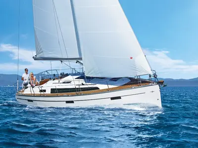 Exterior view of Francesca, a Bavaria Cruiser 37 sailboat at Punta Ala, Italy