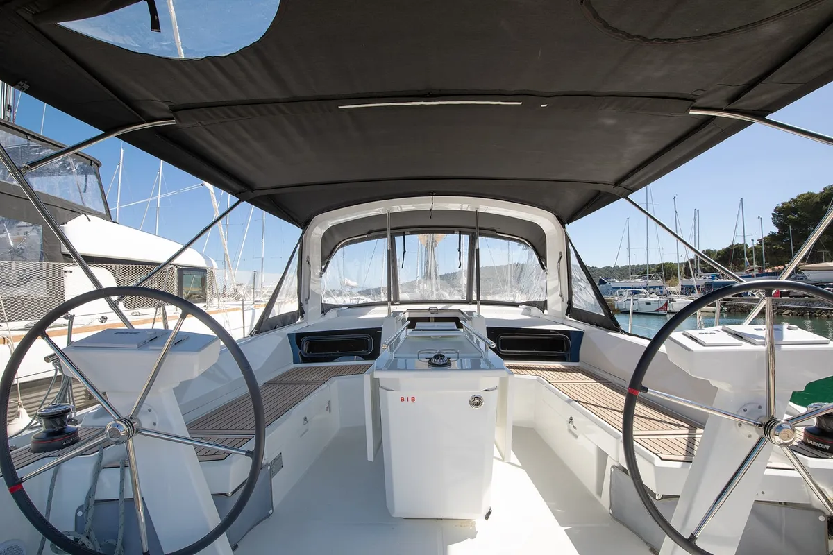 Cockpit of Vento di Mare, a Beneteau Oceanis 46.1 sailboat at Općina Medulin, Croatia