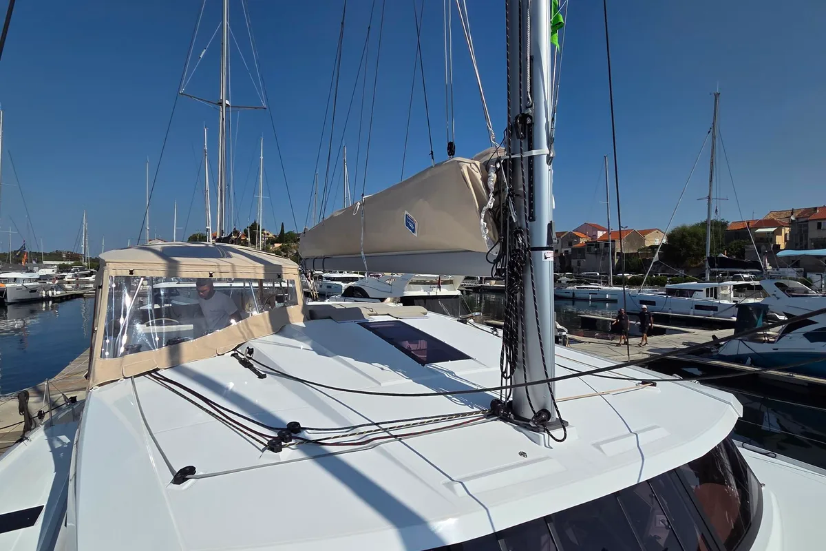 Deck of Adriatic Breeze, a Fountaine Pajot Astrea 42 catamaran at Grad Šibenik, Croatia