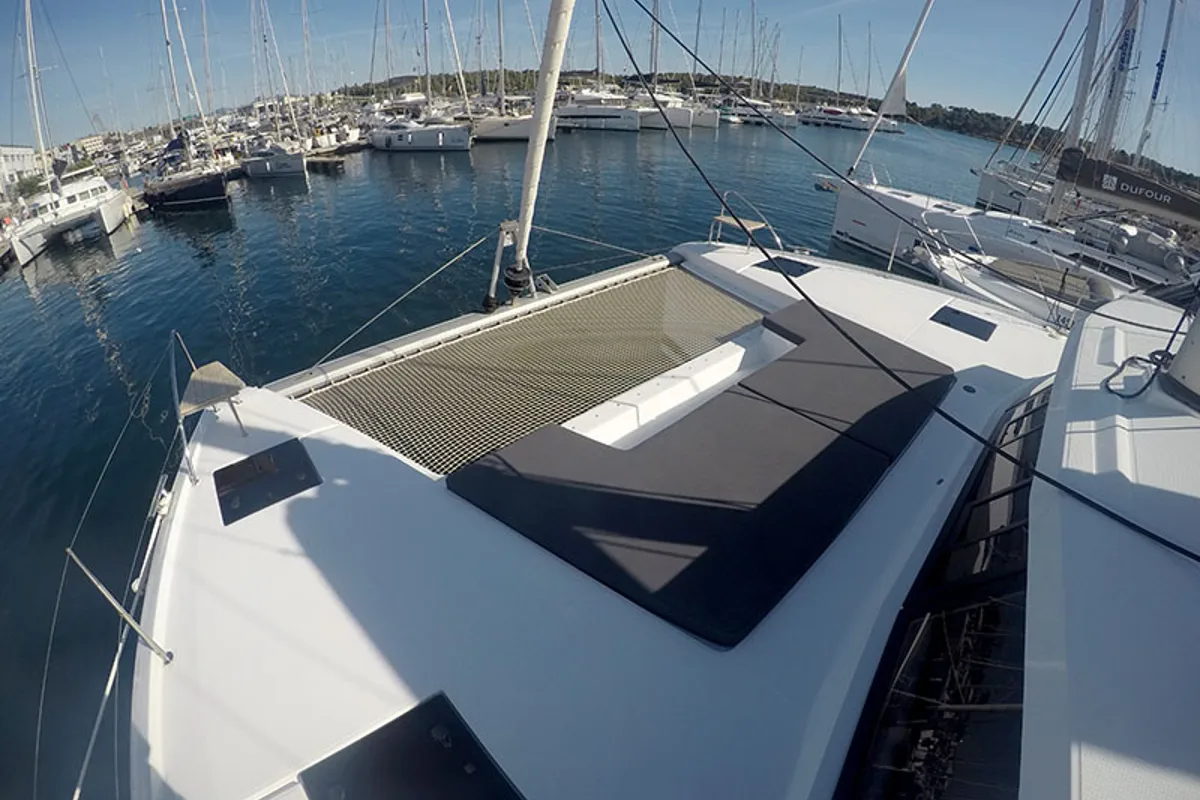 Deck of Adriatic Breeze, a Fountaine Pajot Astrea 42 catamaran at Grad Šibenik, Croatia