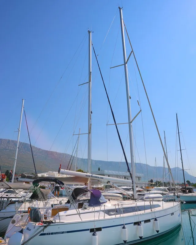 Exterior view of Skrivena, a Bavaria Cruiser 46 sailboat at Kaštela, Croatia
