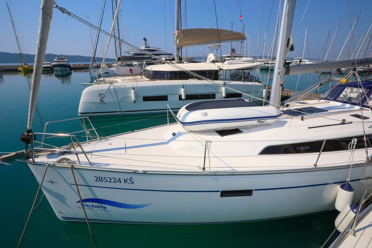 Exterior view of Skrivena, a Bavaria Cruiser 46 sailboat at Kaštela, Croatia