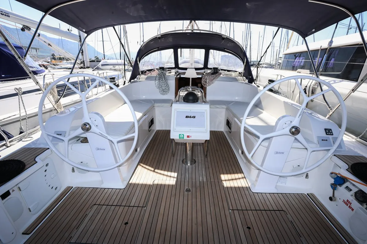 Cockpit of Skrivena, a Bavaria Cruiser 46 sailboat at Kaštela, Croatia