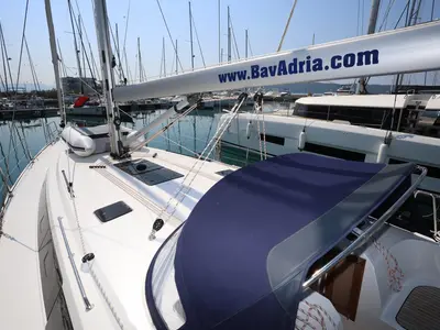 Deck of Skrivena, a Bavaria Cruiser 46 sailboat at Kaštela, Croatia