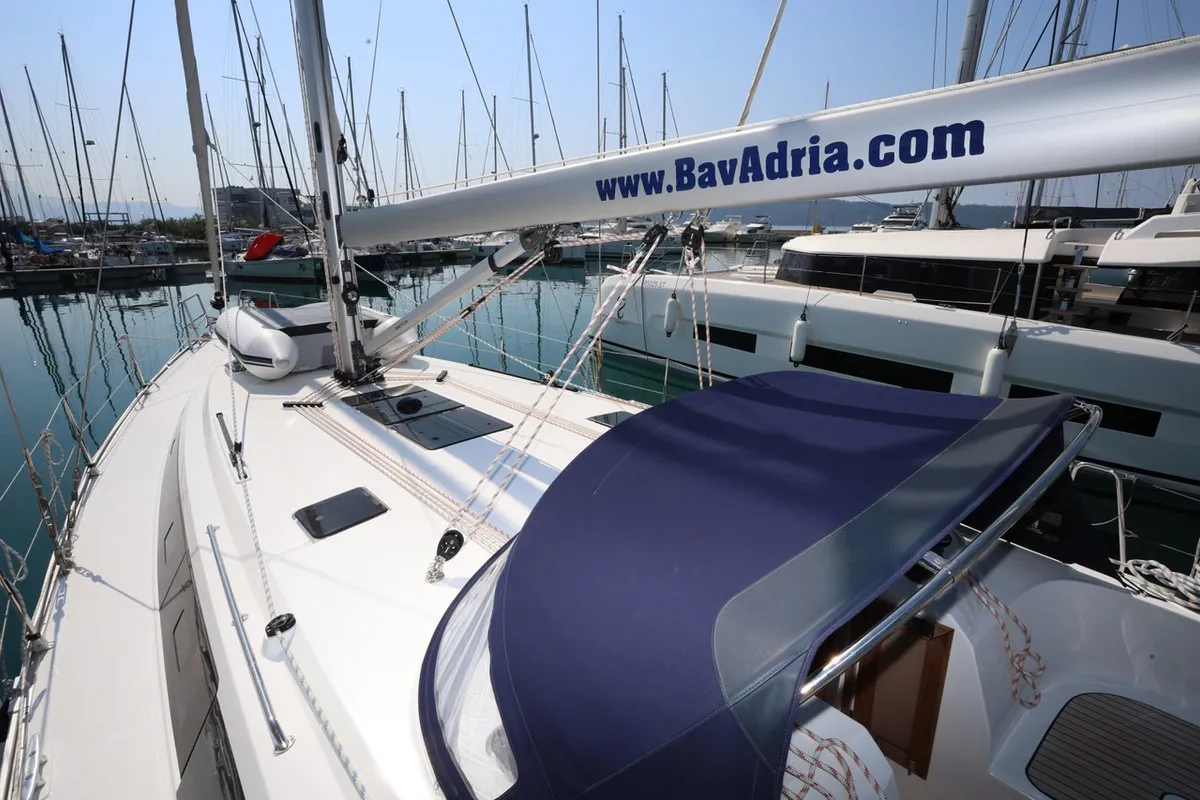 Deck of Skrivena, a Bavaria Cruiser 46 sailboat at Kaštela, Croatia