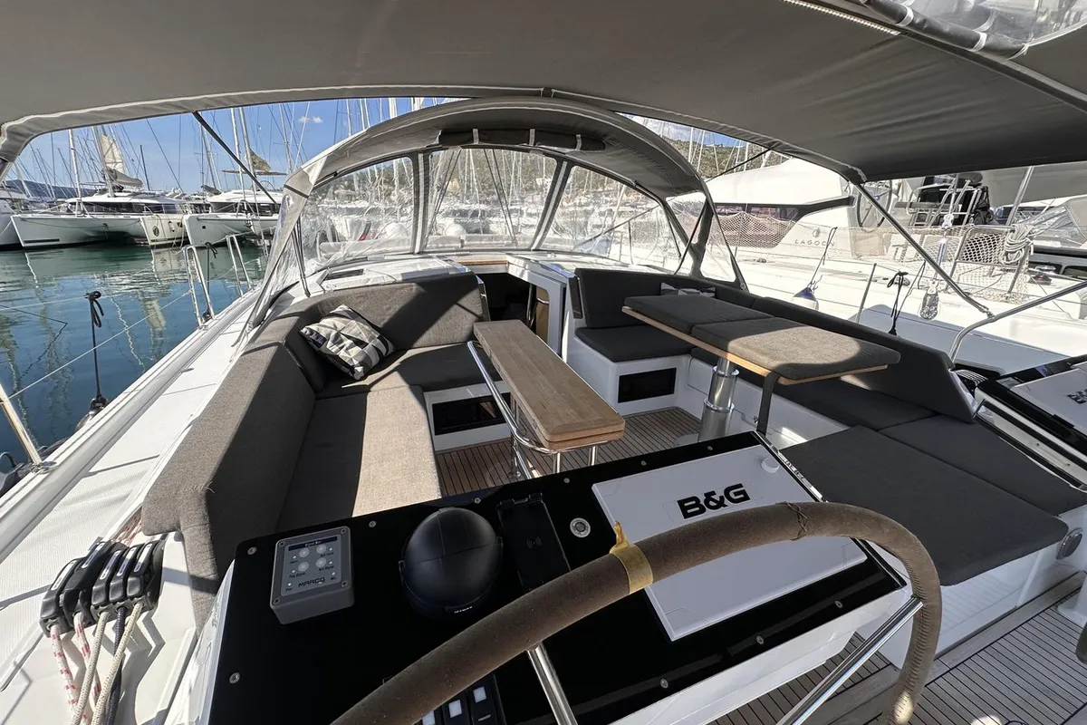 Cockpit of Felice, a Hanse 460 sailboat at Seget Donji, Croatia