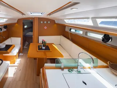 Salon of Penelope, a Jeanneau Sun Odyssey 419 sailboat at Municipal Unit of Lefkada, Greece