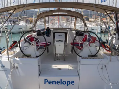 Cockpit of Penelope, a Jeanneau Sun Odyssey 419 sailboat at Municipal Unit of Lefkada, Greece