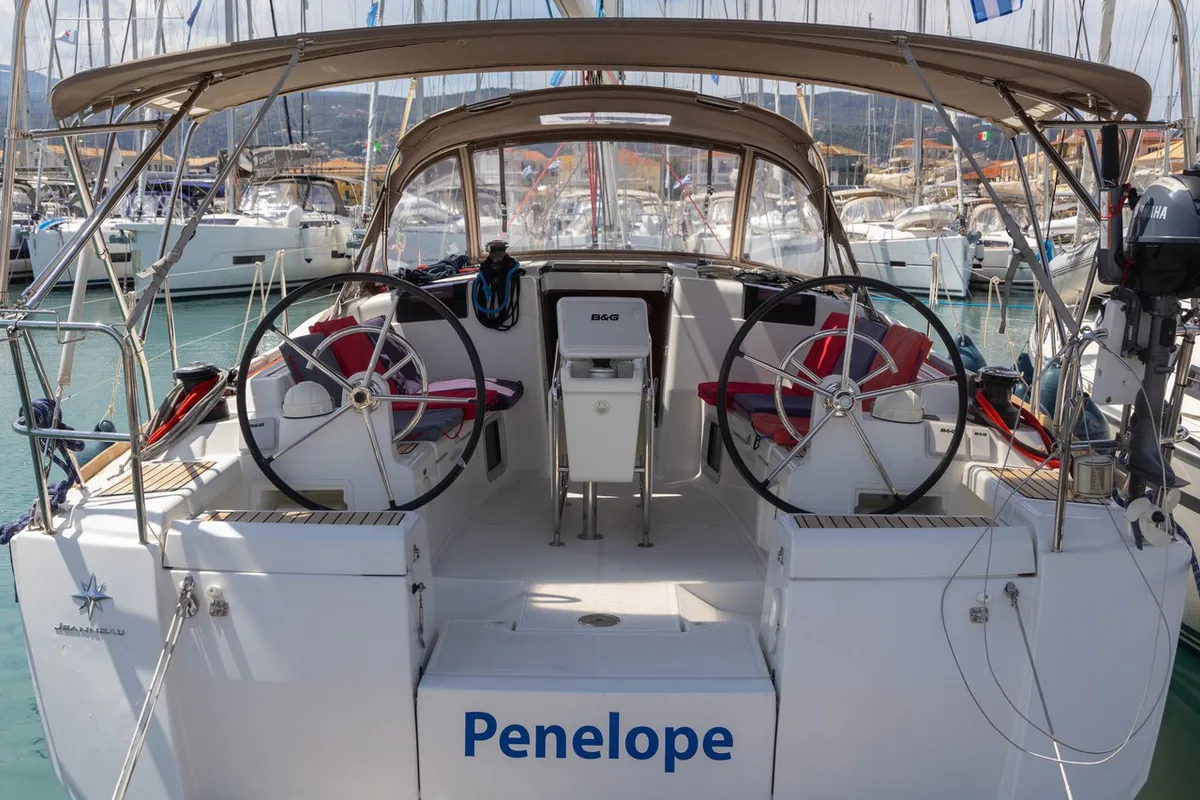 Cockpit of Penelope, a Jeanneau Sun Odyssey 419 sailboat at Municipal Unit of Lefkada, Greece