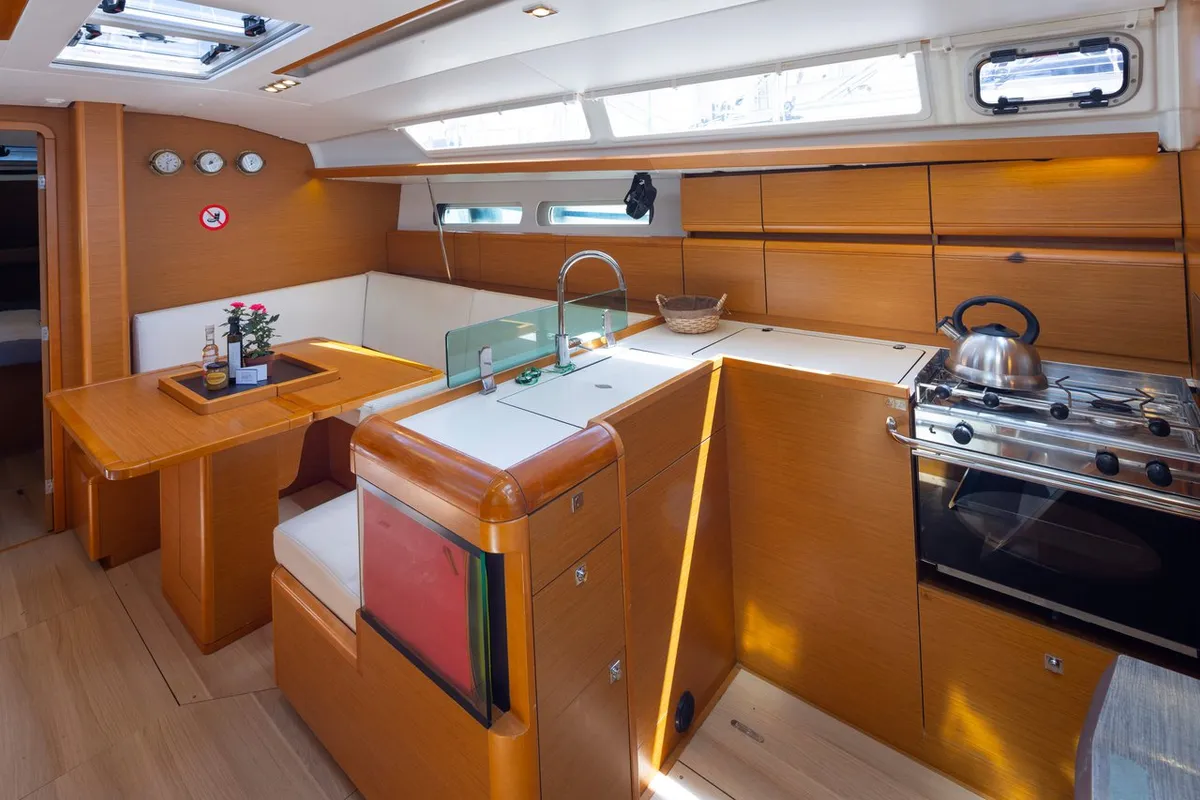 Galley of Penelope, a Jeanneau Sun Odyssey 419 sailboat at Municipal Unit of Lefkada, Greece