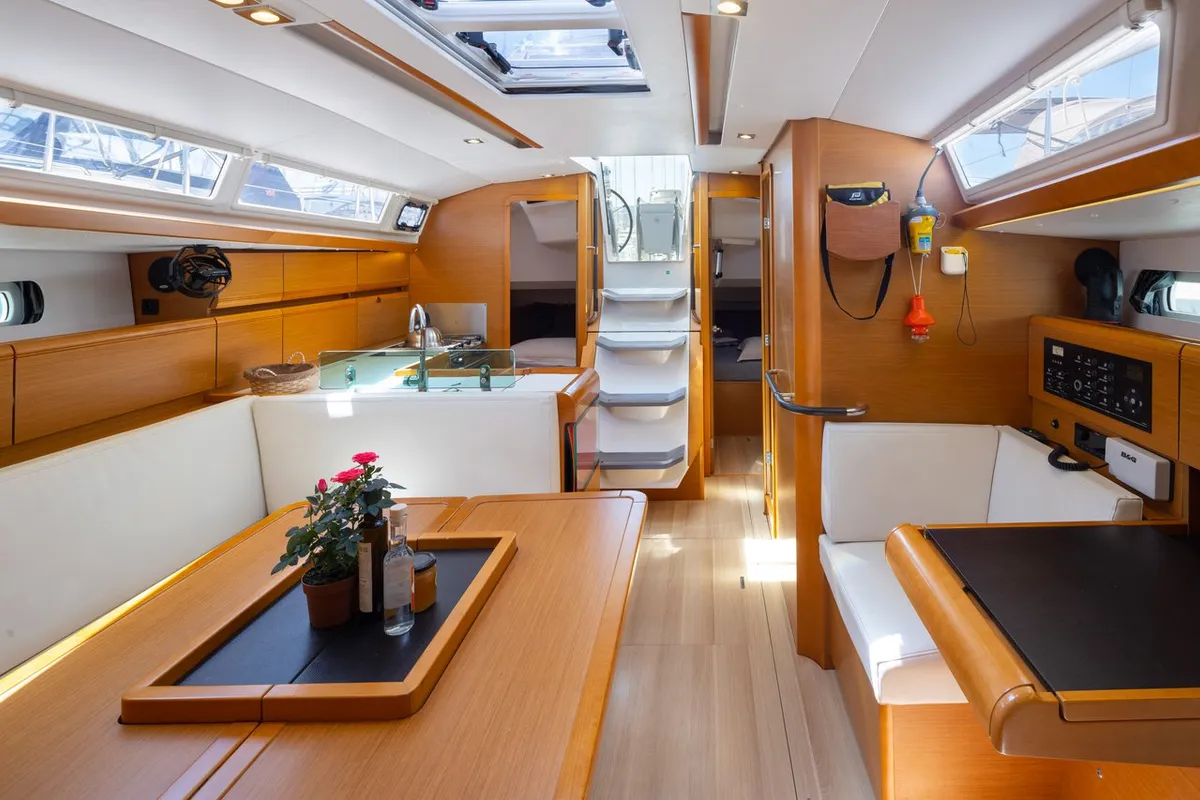 Salon of Penelope, a Jeanneau Sun Odyssey 419 sailboat at Municipal Unit of Lefkada, Greece